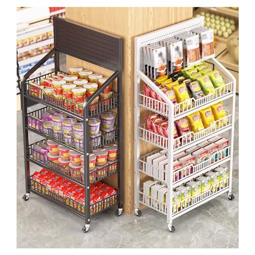 Stojak na przekąski z kółkami, metalowy organizer na półki sklepowe do supermarketów, stojak do przechowywania słodyczy z haczykami, trwały czarny stojak na ladę