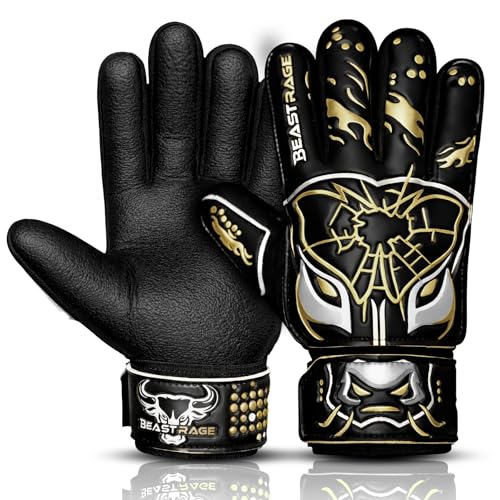 BEAST RAGE Kids Goalkeeper GlovesPremium Anti-Slip Super Grip 3MM+4MM Laminated Palm Lightweight Backhand 3+4MM Adjustable Wrist Strap Soccer Goalie Gloves for Kids Youth and Adults (Golden 5)