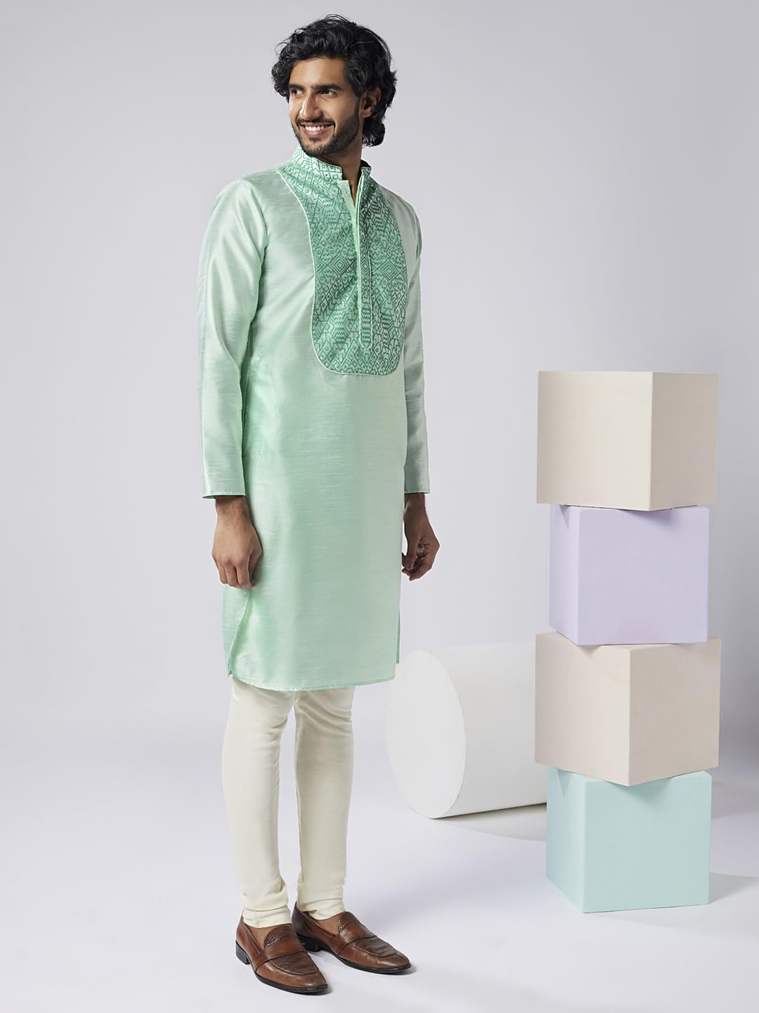 Kisah Men's Kurta, Sea Green Art Silk, Embroidered Long Sleeves Mandarin Collar Regular Fit (L)
