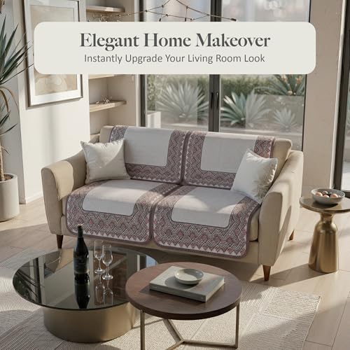 Image of Kuber Industries 2+1 Seater Sofa Cover | Slipcover for Living Room | Thick & Cozy | Non-Slip Comfort Sofa Cover Set | Paradise Diamond 1372 - Cream & Purple