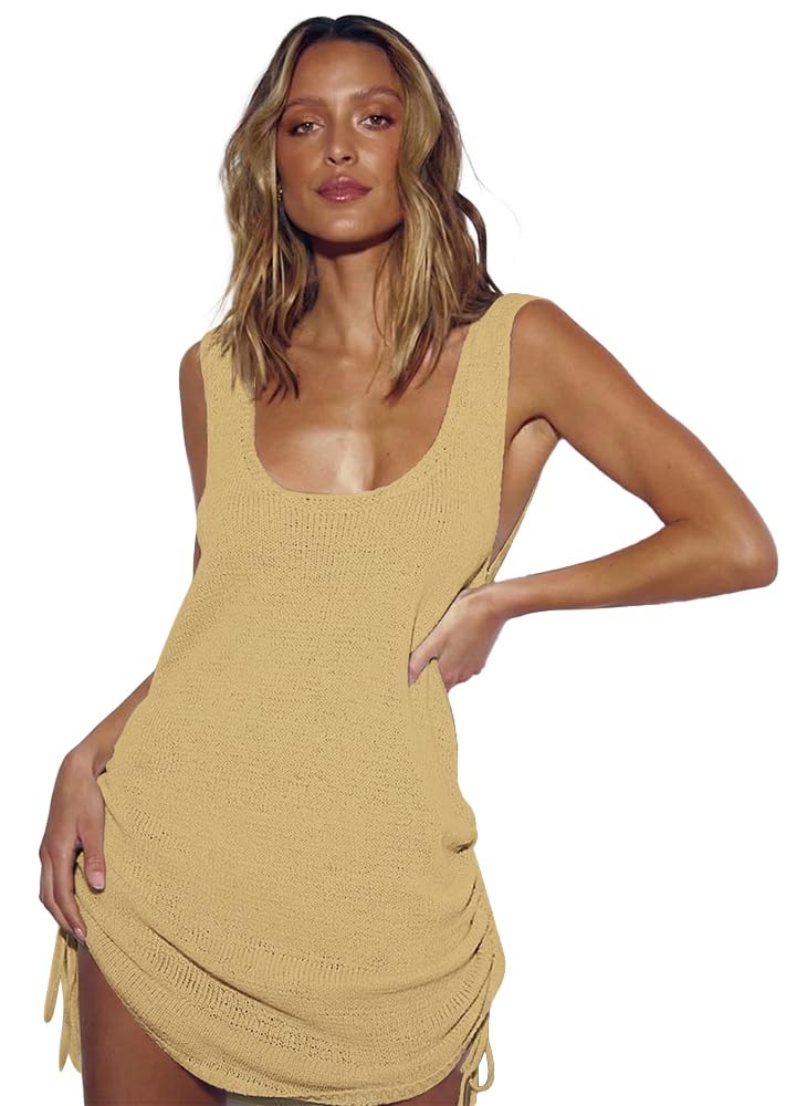 Eddoyee Sexy gehäkelter Badeanzug für Frauen Strandrock kurze Tunika Strandkleider, B-apricot, Einheitsgröße