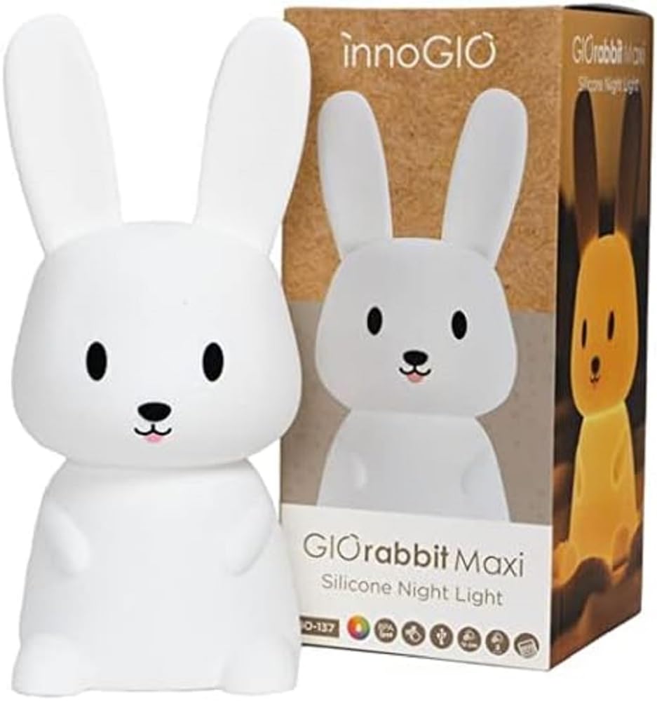 InnoGIO, Luz nocturna de silicona GIOrabbit MAXI, Luz Nocturna para Niños con Forma Conejo, 8 Colores Alternados, Carga por Cable USB, Lámpara de Noche También apta para Bebés, con Mando a Distancia
