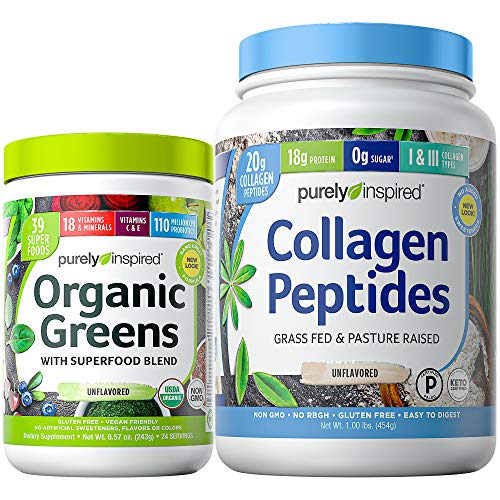Organic Greens Powder, Collagen Powder Bundle, Purely Inspired Organic Greens Superfoods Powder (24 Servings) Purely Inspired Collagen Peptides Powder Unflavored (23 Servings)