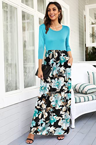 Image of WNEEDU Women's 3 /4 Sleeve Casual Loose Long Maxi Dresses with Pocket