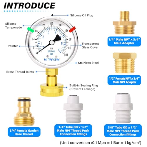 Image of MEANLIN MEASURE 0~100Psi Liquid Filled Pressure Gauge kit Plus 5 adapters Stainless Steel Frame 3 /4 inch Female, 2.5 inch FACE DIAL Multi-Purpose Pressure Gauge kit, Suitable for Gardens, Water Pipes, etc