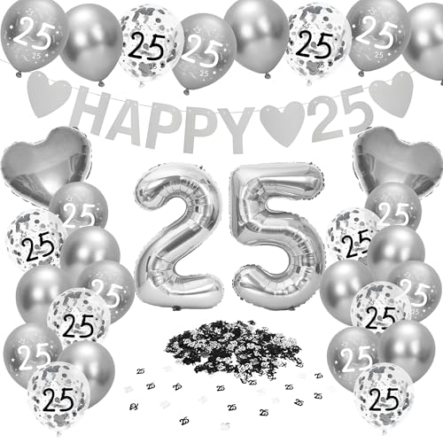 Decoración de bodas de plata, globos de 25 aniversario de boda, globos digitales, 25 pancartas, pancartas felices, confeti de mesa de plata para 25 aniversario, decoración de bodas de plata