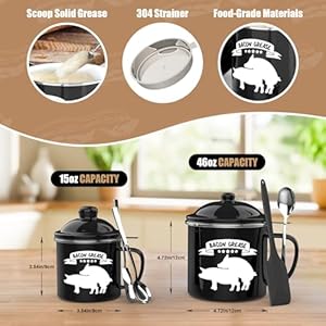 CINNIE&JHIN Bacon Grease Container with Strainer - With Food-Grade Spatula and Spoon, Farmhouse Enamel Bacon Grease Saver, Fat Keeper, Recipes, Dishwasher Safe, 15OZ, Black CINNIEJHIN Bacon Grease Container with Strainer With Food Grade Spatula and Spoon Farmhouse Enamel Bacon Grease Saver Fat Keeper Recipes Dishwasher Safe 15OZ Black
