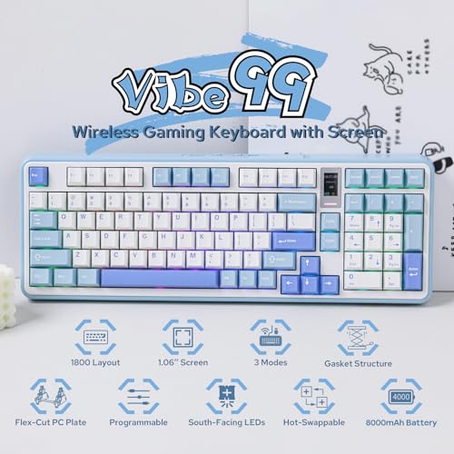 Image of MechLands Vibe99 Wireless Gaming Keyboard with 1.06'' Screen, 96% Hot Swappable Creamy Mechanical Keyboard with Gasket Structure, BT5.0 /2.4GHz /USB-C, 5-Layer Padding, RGB, NKRO for Win /Mac (Blue)