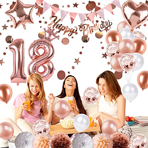 Image of 18th Birthday Decorations for Girls Rose Gold, Number 18 Birthday Balloons with Crown Heart Star Foil Balloons Pom Poms Happy Birthday Circle Dot Bunting Banner for 18th Girls Birthday Party Supplies