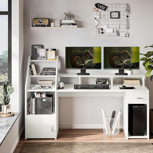 Image of Lakdi The Furniture Home & Office Workstation - Modern Computer Desk with Integrated 4-Tier Bookshelf, Monitor Stand Hutch, CPU Storage, and Utility Drawer - Sleek White Finish - 121534336