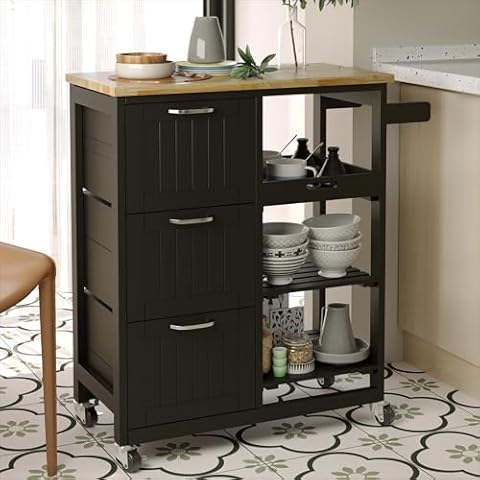 Usinso Kitchen Cart Small Kitchen Island with Storage, Serving Rolling Bar Cart on Wheels with 3 Drawers&Solid Wood Top, 3 Tier Shelves Kitchen Island Cart with Handle Racks, Black Cover
