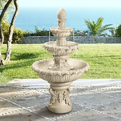 Ibiza 46" High Large Italian Outdoor Decor Sand Stone Floor Fountain with Light LED Waterfall 3-Tier Standing Basin Water Feature for Outside Garden Patio Yard Backyard Porch - John Timberland
