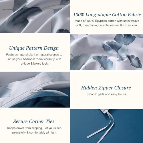 MILDLY 100% Long-Staple Cotton Duvet Cover Set Light Navy Ginkgo Leaf Pattern Printed Comforter Cover 3pcs, Ultra Soft & Breathable Bedding Set