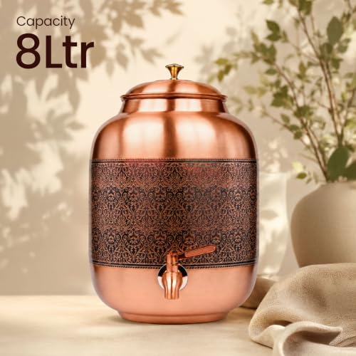 Image of Artarium Pure Copper Water Dispenser 8 Litre with Tap, Handcrafted Etched Hammered Matka Copper Water Storage Container, Ayurvedic Water Dispenser for Home, Kitchen, Office & Dining