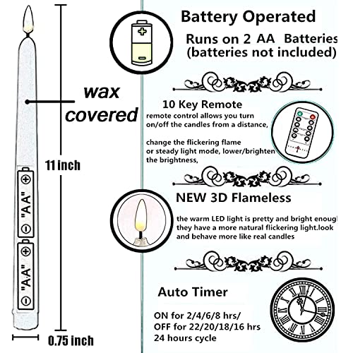 Image of NONNO & ZGF 4 Pack Black 11'' LED Wax Covered Taper Candles, Use 2-AA Battery(not Included Runs 200 Hours,Remote Control, Flameless Battery Operated Decor Candle, Warm White LED