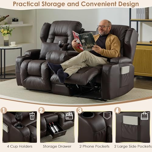 Image of SAMERY 67.6 inch Loveseat Recliner Sofa | Double Recliner Sofa & Console | Wall Hugger Loveseat Reclining RV Theater Seats | RV Couch Home Theater Seating Furniture (Faux Leather Brown)