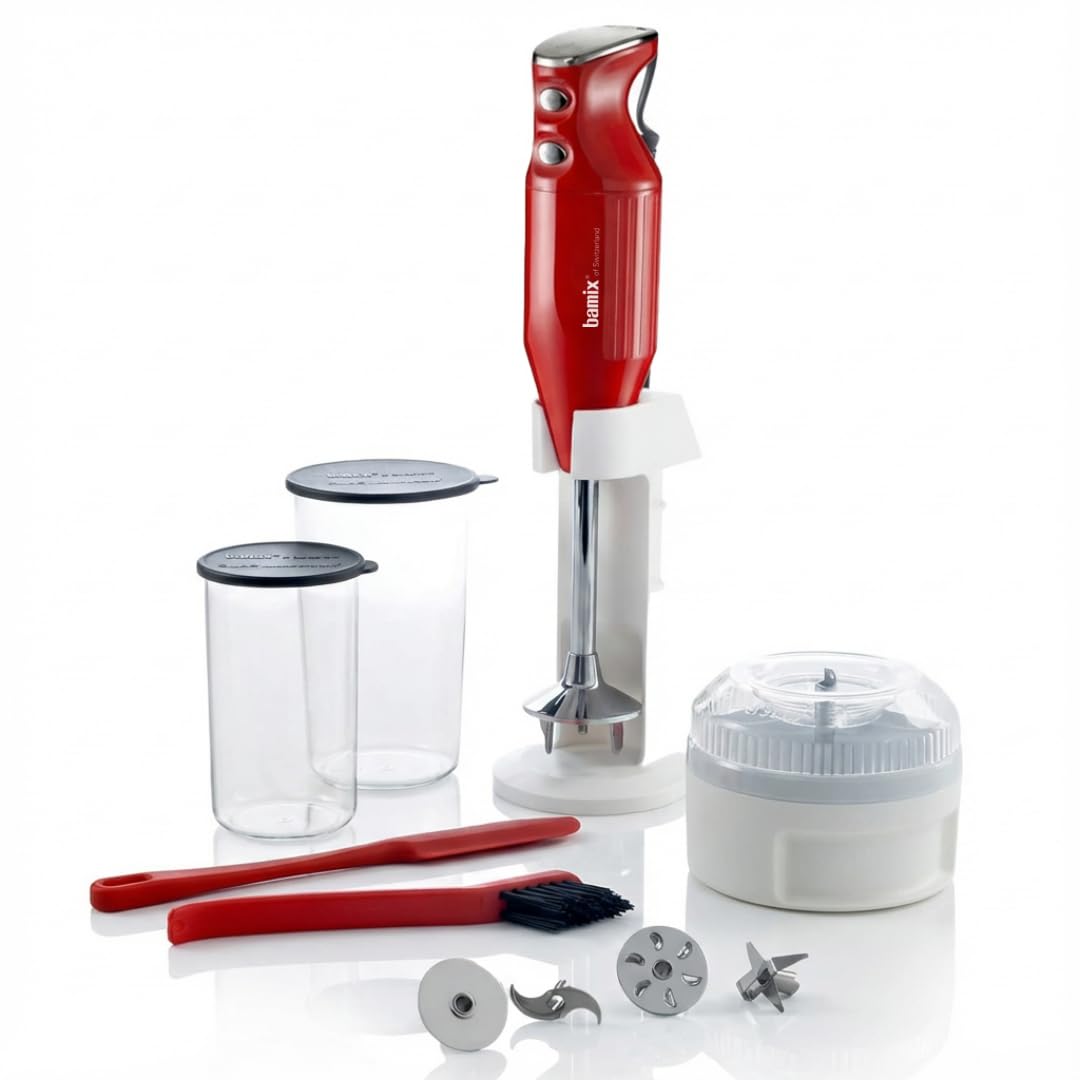 bamix Set mixeur plongeant M350 MAXX avec support, 2 récipients, 4 accessoires, Processeur, Spatule, Brosse de nettoyage, 300 W, Fabriqué en Suisse, Rouge/chrome
