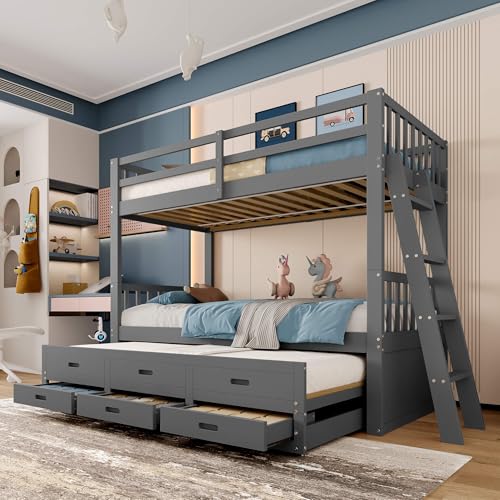 YCYDHDM Litera infantil de 90 x 200 cm con cama nido y cajones, cama alta de madera con somier y escalera, estructura de madera de pino, diseño de valla de seguridad, color gris