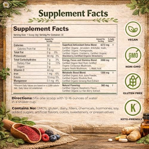 Image of Organic Muscle Superfood Reds Powder Supplement | USDA Certified Organic Beet Root, Acai, Pomegranate | Caffeine-Free Energy, Antioxidants, Vegan | Berry Flavor, Non-GMO, 30 Servings