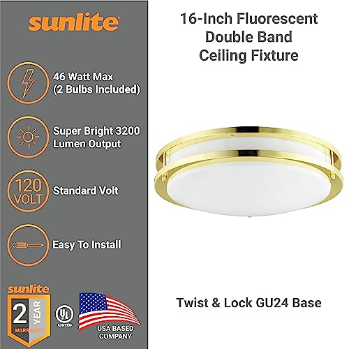 Sunlite 45581 16-Inch Fluorescent Double Band Trim Flush Mount Light Fixture, Max 46 Wattage (Two Bulbs Included), 3200 Lm, 2700K Soft White, Twist & Lock Gu24 Base, 120V, Ul Listed, Polished Brass #TOP2