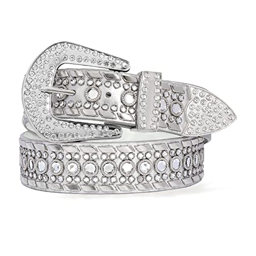 SUOSDEY Rhinestone Belt Men Women Western Bling Cowboy Studded Leather Belt Silver Shiny Buckle Belt for Jeans Pants