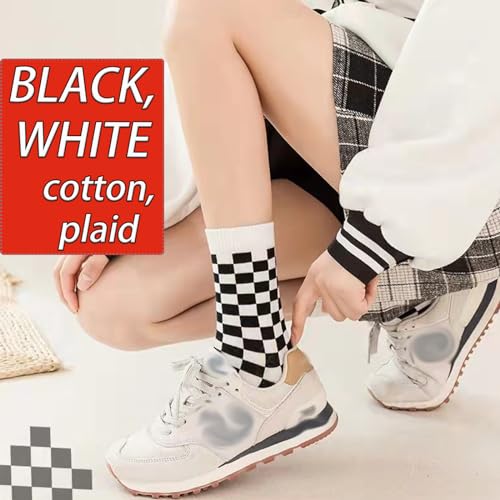 CHUNFO Womens Crew Socks Plaid Striped Casual Running Athletic White Grey Brown Checkerboard Crew Socks Size5-92