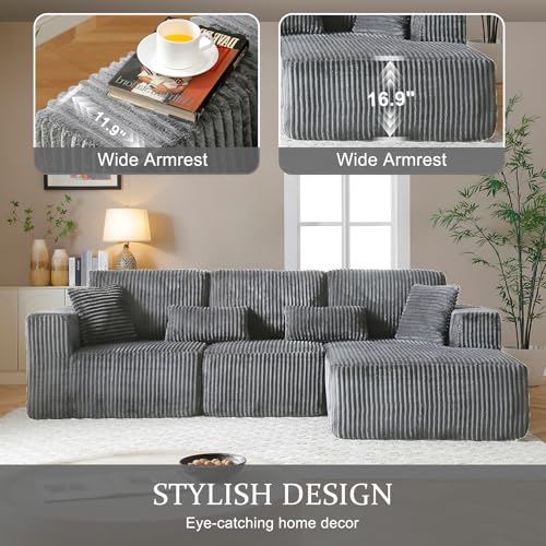 Image of 108 inch Boneless Cloud Sectional Couches for Living Room, Comfy Fluffy L Shaped Memory Foam Deep Seat Boneless Couch, Modular Sectional Sofa with Right Facing Chaise, Dark Grey