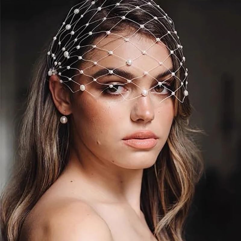Velos de novia Birdcage nupcial colorete diadema velo con perlas multicolor tocado de boda(White)