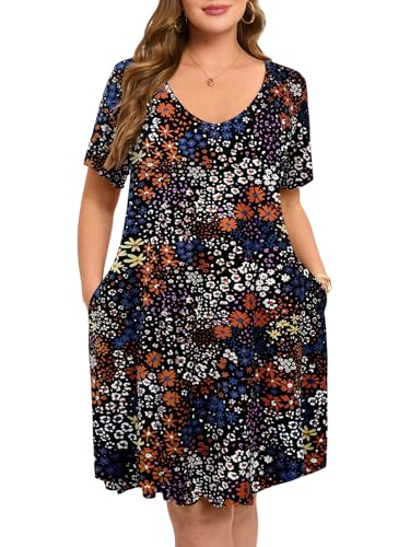 Image of ZENNILO Women's Plus Size Swing Dress with Pockets Casual Summer Dresses V Neck Short Sleeve T Shirt Dress for Women