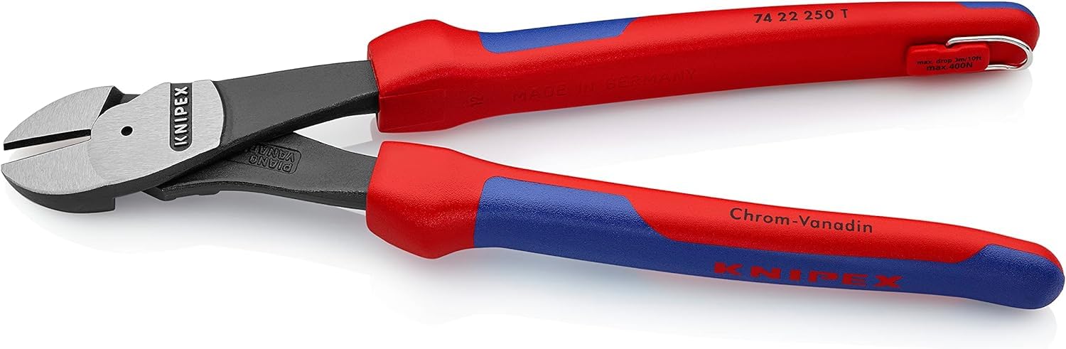 KNIPEX Alicates de corte diagonal de fuerza con fundas multicomponentes, con anilla de fijación integrada para colocar, 74 22 250 T | Con ojal de fijación integrado para fijar un protector contra caídas