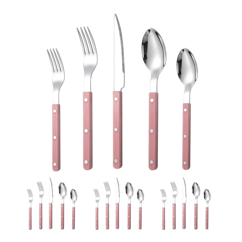 Rivet ABS Clamp Handle Kitchen Stainless Steel Silverware Tableware Flatware Cutlery Set Steak Knife Fork Spoon Teaspoon Western Tableware Butter Knife Set (Pink,20 pieces)