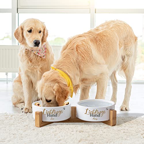 Hundenapf Keramik personalisiert mit Namen „Lieblings-Hund“ | Napf-Set mit/ohne Ständer | Doppelnapf Futternapf Fressnapf Trinknapf | große kleine mittelgroße Hunde Futterstation (2X 1300ml, Gestell)