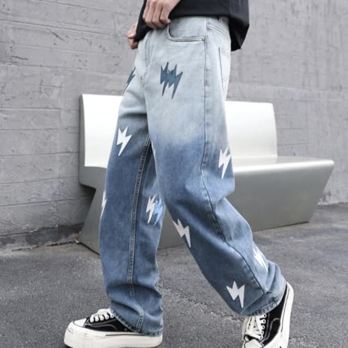 XYGJZ Lightning Print Jeans for Men Causal Straight Leg Denim Jeans Streetwear4