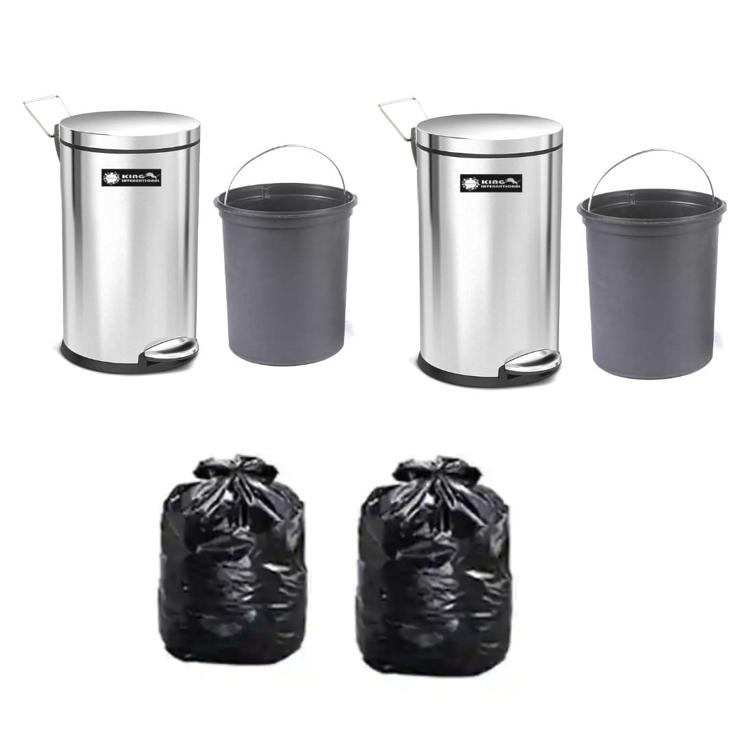 King International Stainless Steel 2 Pc Dustbin for Kitchen with Lid, Dustbin Bags Medium(60) & Waste Bucket, (10''X14''), 12L, Car Dustbin, Trash Can, Round Shape Dustbin For Home, Bathroom, Room, & Office