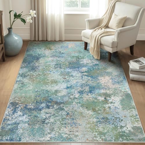 Area Rugs 8x10 Machine Washable Area Rug for Bedroom Living Room Dining Room, Large Modern Abstract Soft Rugs, Indoor Low Pile Carpet with Non Slip Rubber Backing, Abstract Blue Green