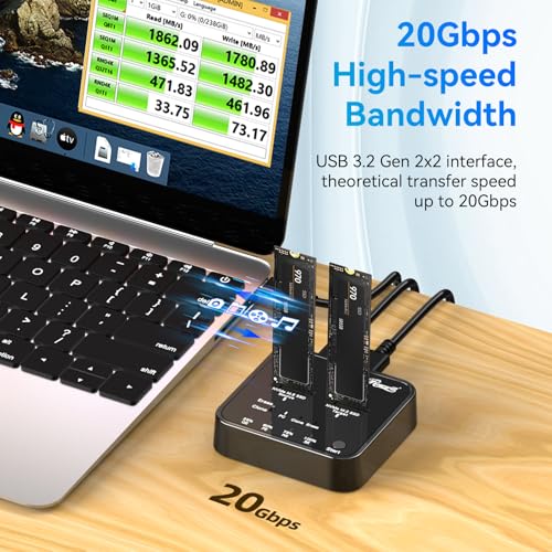 Image of Rosewill M.2 NVMe Cloner + Eraser, M.2 Duplicator Dual Bay NVMe Enclosure, Tool-Free 20Gbps USB3.2 Gen 2X2 SSD to USB Adapter M.2 Docking Station for M Key PCIE NVMe SSD Reader, Offline Clone & Erase