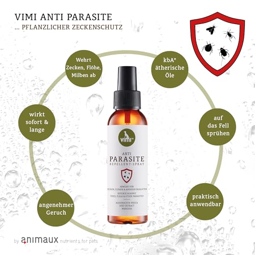 vimi Anti Parasite, natürlicher Zeckenschutz für Hunde, 100 ml, gegen Zecken, Flöhe, Milben & andere Parasiten, bis zu 8 Stunden, mit Neem, Zitronen-Eukalyptus, Lavendel & Geranium