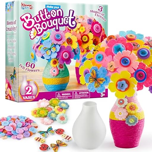 Klever Kits Kit de manualidades con botones y flores para niños, haz tu propio ramo de flores con botón y fieltro, kit de flores para manualidades, regalo para cumpleaños de niños y niñas | Ya disponible en tu tienda friki favorita! En mundofriki.es!
