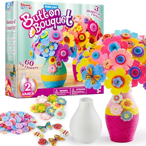 Klever Kits Kit de manualidades con botones y flores para niños, haz tu propio ramo de flores con botón y fieltro, kit de flores para manualidades, regalo para cumpleaños de niños y niñas