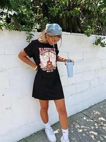 Image of Vintage Rock Country Music Dress for Women Rock Concert Band Graphic Tshirt Casual Letter Print Short Dress