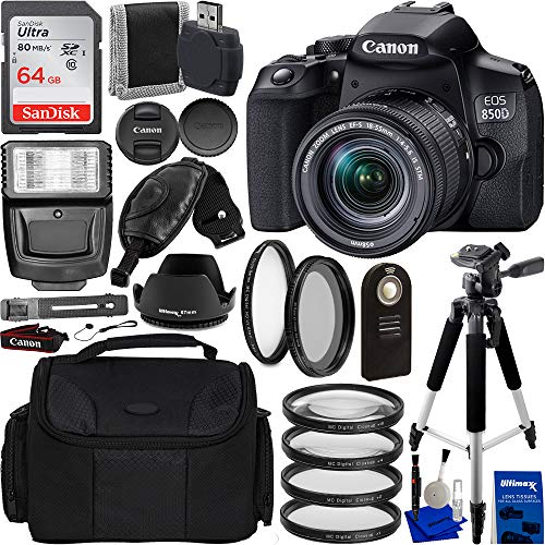 Ultimaxx Advanced Canon EOS 850D (T8i) with EF-S 18-55mm Lens Bundle - Includes: 64GB Ultra Memory Card, Digital Flash, Medium Gadget Bag, Variable Neutral Density Filter & Much More (Renewed)