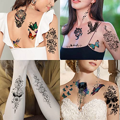 Rejaski 32 Sheets 98+ Pcs Watercolor Animals Tiger Lion Skull Temporary Tattoos For Women Men Adult, Fake Tattoos That Look Real And Last Long, 3D Realistic Temp Fox Rose Flower Tattoo Snake Wolf Kids #TOP1