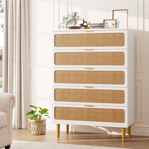 GarveeHome Rattan 5 Drawer Dressers for Bedroom, Tall Dresser with Deep Drawers, Large Chest of Drawers for Closet with Wide Top, Long Wooden Dresser for Living Room, Hallway, Kids Room, White