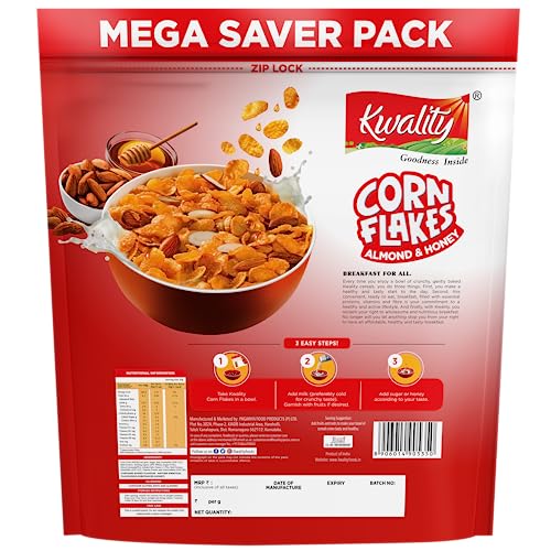 Image of Kwality Corn Flakes with Almond & Honey 1kg | Made with Golden Corns | 99% Fat-Free | High in Protein, Zero Cholesterol | Healthy Breakfast Cereal (Pack of 3)