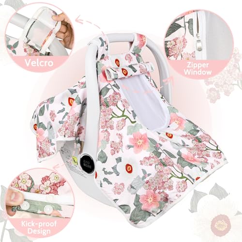 Image of Baby Carseat Seat Cover Girls, Winter Carseat Canopy, Cozy & Warm Cover with Zipper Peep Windows, Infant Minky Carrier Cover, Soft Breathable, Baby Must Have, Retro Flower
