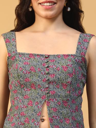 Image of oxolloxo Women Printed Top with Square Neck, Smocked Back, Shoulder Straps, Button Fly and Front Slit in Soft Poly Seersucker Dobby Fabric