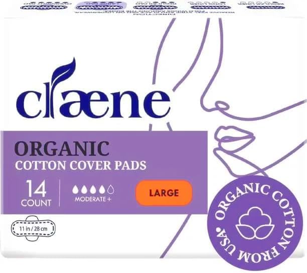 Image of Claene Organic Cotton Cover Pads, Cruelty-Free, Menstrual Large Pads for Women, Unscented, Breathable, Vegan, Natural Sanitary Napkins with Wings (Large, 14 Count)
