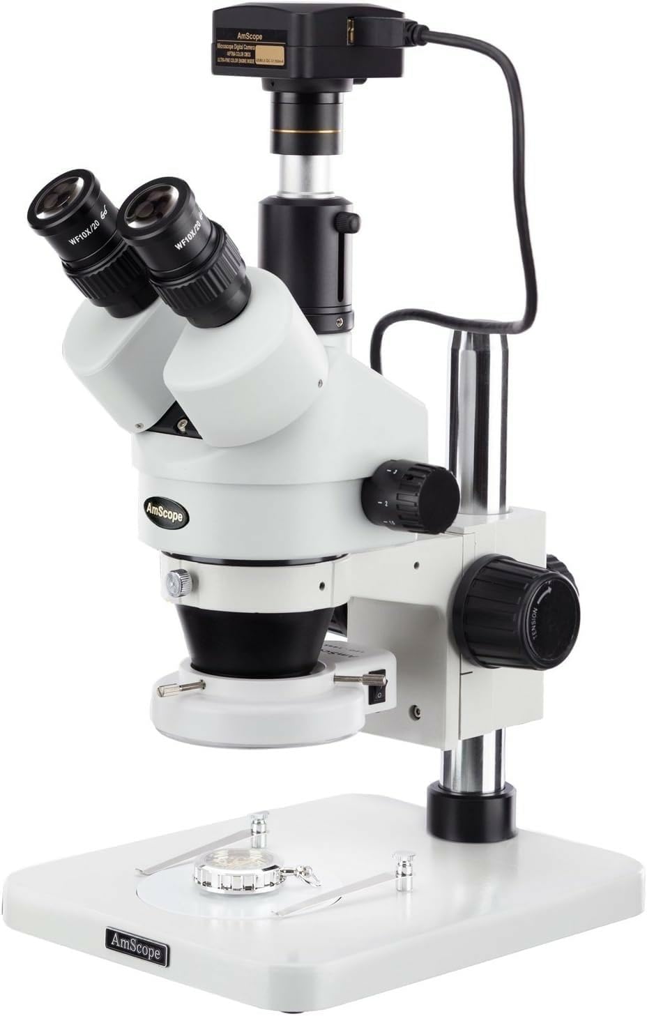 AmScope SM-1TSZ-144S-5M Digital Professional Trinocular Stereo Zoom Microscope, WH10x Eyepieces, 3.5X-90X Magnification, 0.7X-4.5X Zoom Objective, 144-Bulb LED Ring Light, Pillar Stand, 110V-240V, Includes 0.5X and 2.0X Barlow Lenses and 5MP Camera with Reduction Lens and Software