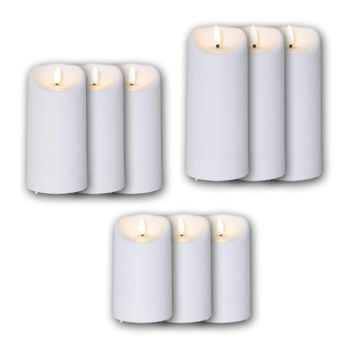 9er Set LED Außen-Kerze 3D-FLAMME Timer warmweiß, Höhen 13/ 15/ 18cm