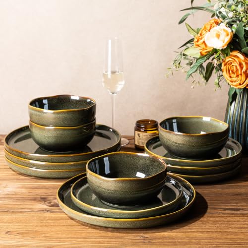 Image of TheTerra Ceramic Dinnerware Sets for 4, 12 Pieces Porcelain Lightweight Plates and Bowls Sets, Scratch Resistant Dish Set, Oven & Microwave & Dishwasher Safe, Olive Moss